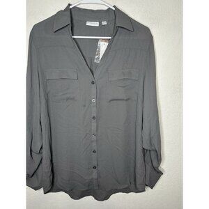 New York And Company Adj Sleeve Gray Button Blouse Shirt Size Large
